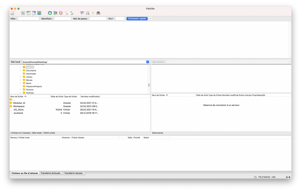 Image présentant l'interface de l'outil FileZilla permettant de transférer des fichiers entre son ordinateur et un serveur distant